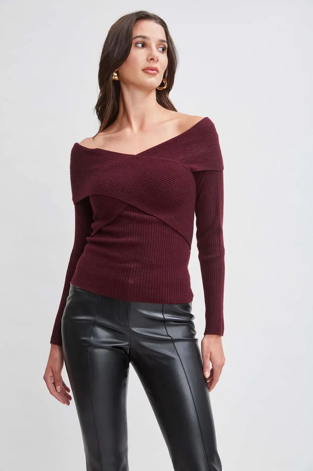 Elie Tahari Cross Shoulder Cashmere Merino Sweater Merlot Women Tops