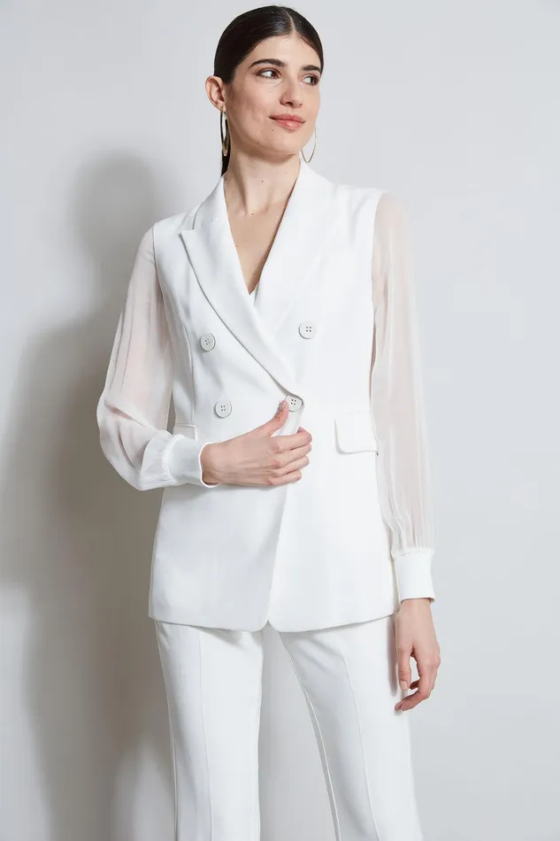 Elie Tahari Double Breasted Chiffon Sleeve Blazer Foam Women Jackets and Blazers