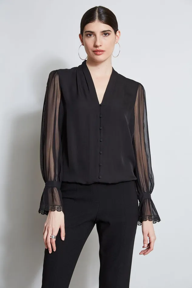 Elie Tahari Embroidered Sleeve Blouson Shirt Black Women Tops
