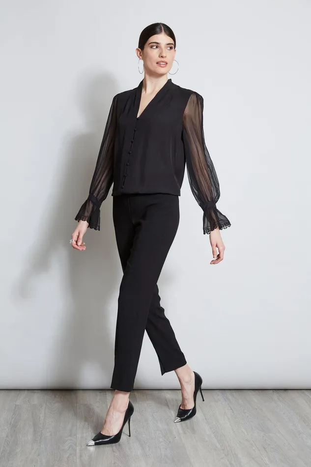 Elie Tahari Embroidered Sleeve Blouson Shirt Black Women Tops