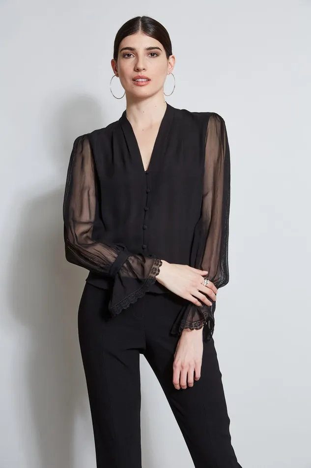 Elie Tahari Embroidered Sleeve Blouson Shirt Black Women Tops