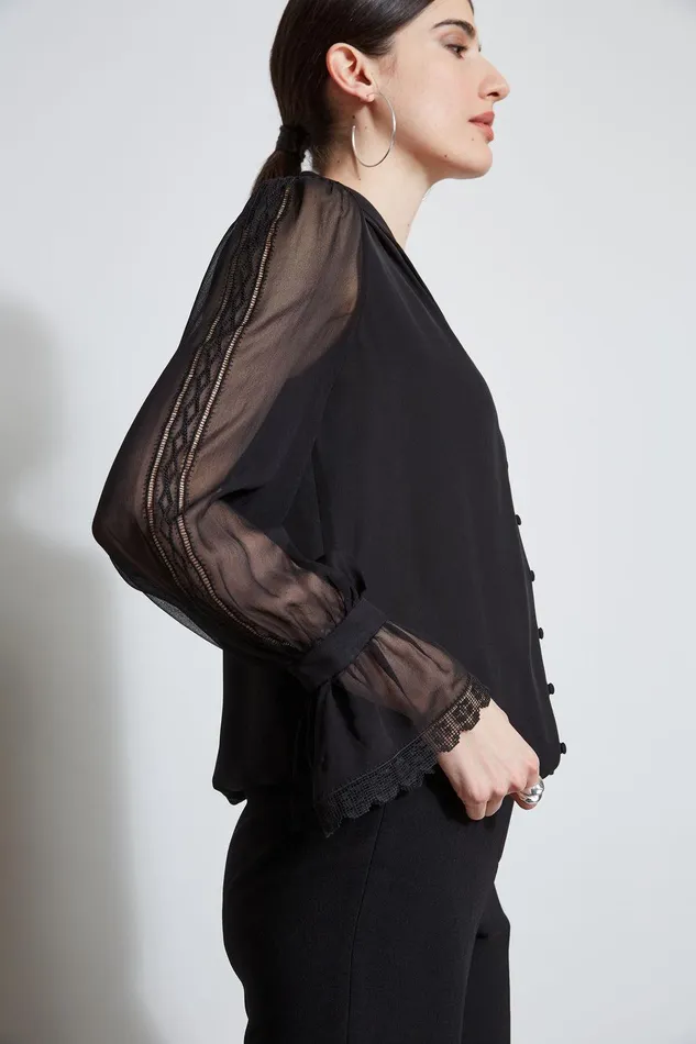 Elie Tahari Embroidered Sleeve Blouson Shirt Black Women Tops