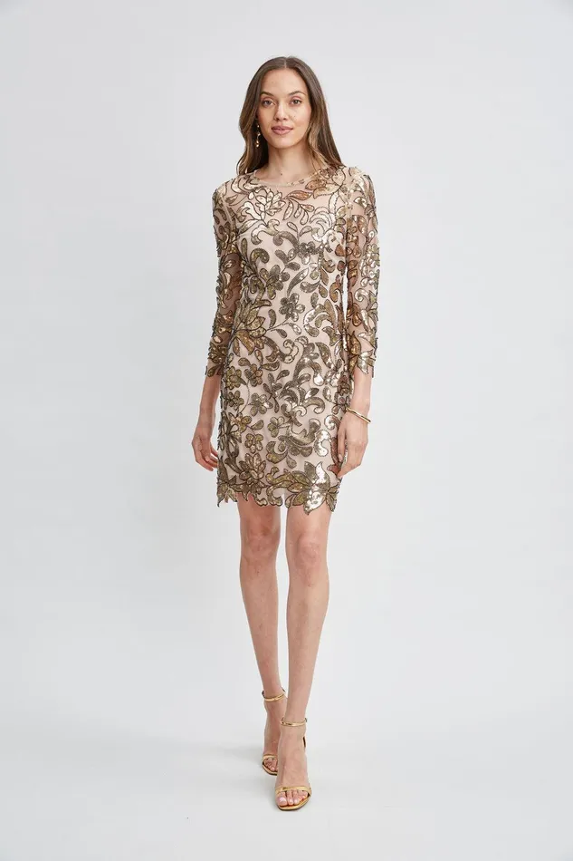 Elie Tahari Floral Sequin Long Sleeve Dress Antique Gold Women Dresses and Jumpsuits Elie Tahari Floral Sequin Long Sleeve Dress Antique Gold Women Dresses and Jumpsuits