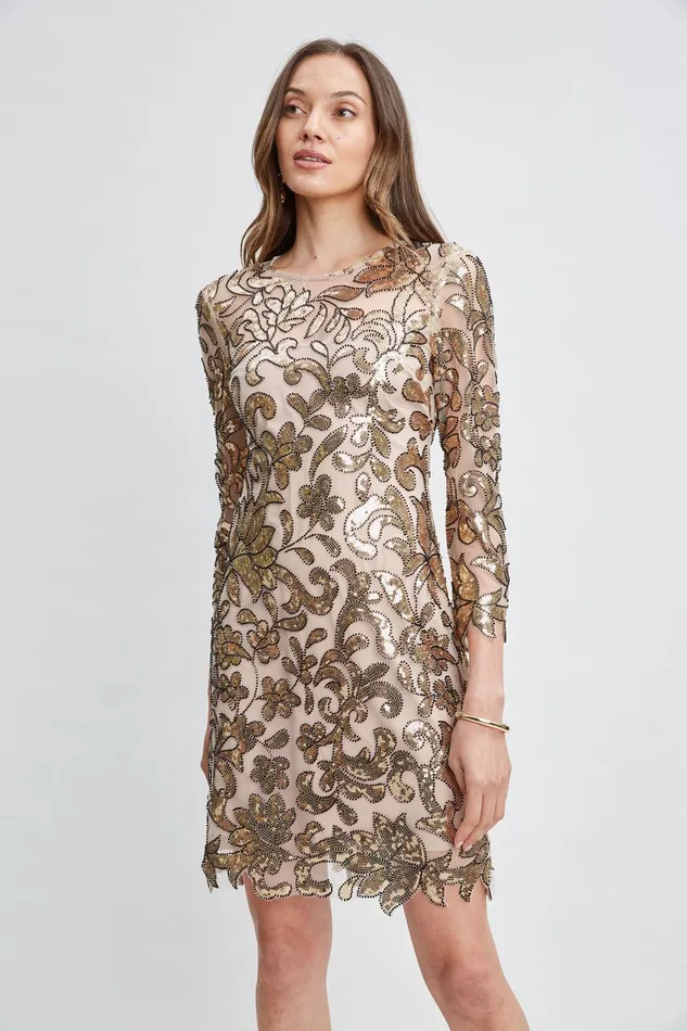 Elie Tahari Floral Sequin Long Sleeve Dress Antique Gold Women Dresses and Jumpsuits