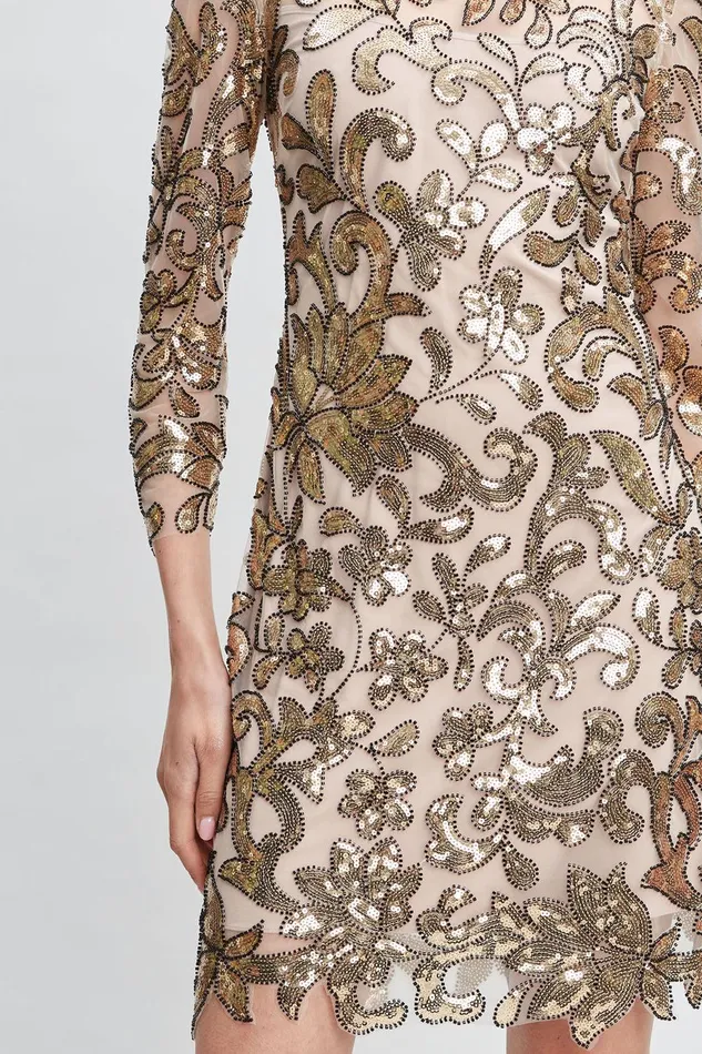 Elie Tahari Floral Sequin Long Sleeve Dress Antique Gold Women Dresses and Jumpsuits