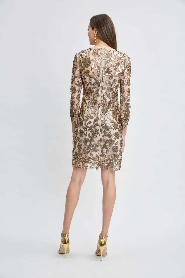 Elie Tahari Floral Sequin Long Sleeve Dress Antique Gold Women Dresses and Jumpsuits
