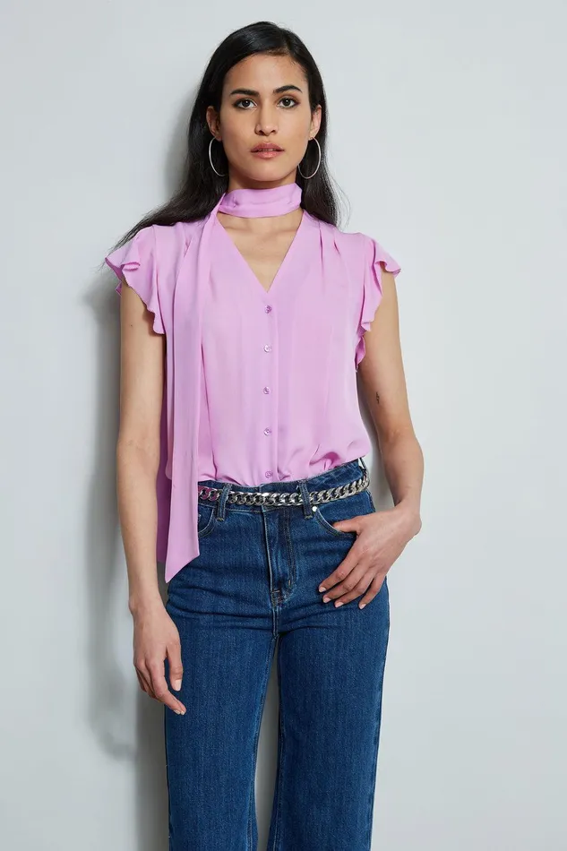 Elie Tahari Flutter Sleeve Tie Shirt Bright Viola Women Tops