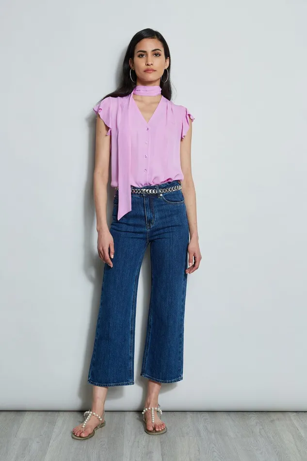 Elie Tahari Flutter Sleeve Tie Shirt Bright Viola Women Tops