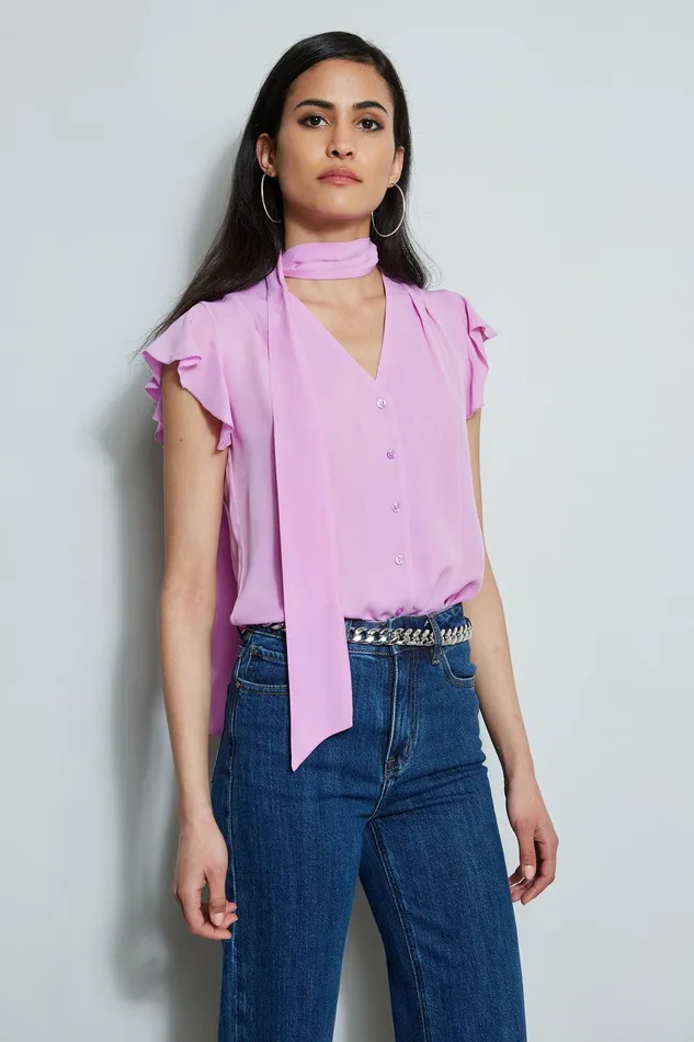 Elie Tahari Flutter Sleeve Tie Shirt Bright Viola Women Tops