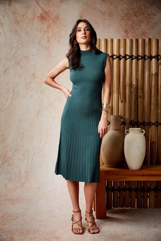 Elie Tahari Knit Midi Dress Bottle Green Women Dresses and Jumpsuits