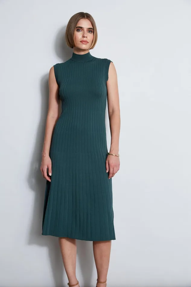 Elie Tahari Knit Midi Dress Bottle Green Women Dresses and Jumpsuits