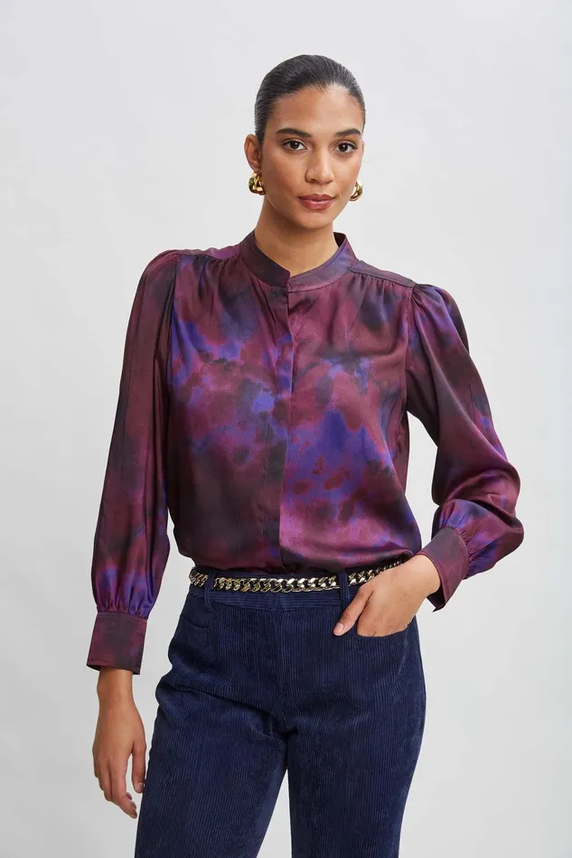 Elie Tahari Marble Button Down Shirt Purple Multi Women Tops