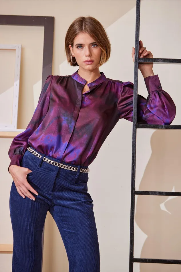 Elie Tahari Marble Button Down Shirt Purple Multi Women Tops
