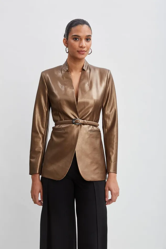 Elie Tahari Metallic Vegan Leather Belted Blazer Bronze Women Jackets and Blazers