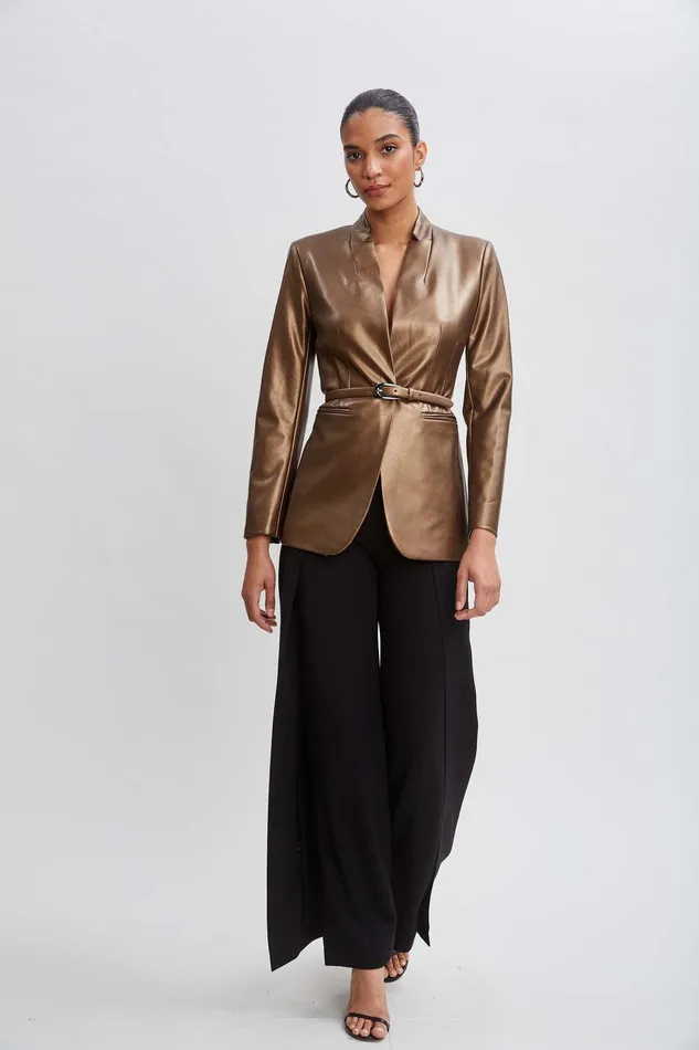Elie Tahari Metallic Vegan Leather Belted Blazer Bronze Women Jackets and Blazers