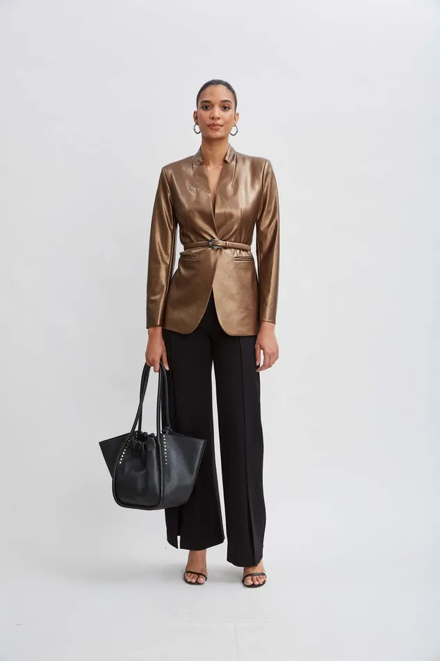 Elie Tahari Metallic Vegan Leather Belted Blazer Bronze Women Jackets and Blazers