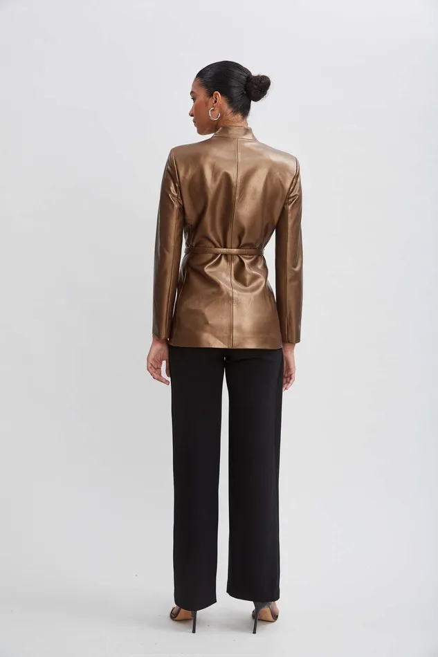 Elie Tahari Metallic Vegan Leather Belted Blazer Bronze Women Jackets and Blazers