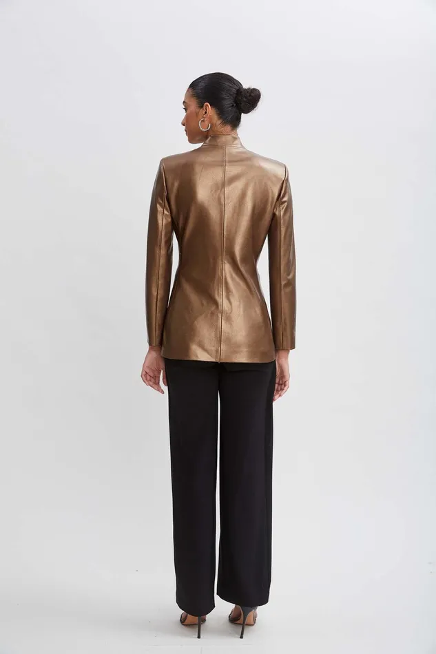 Elie Tahari Metallic Vegan Leather Belted Blazer Bronze Women Jackets and Blazers