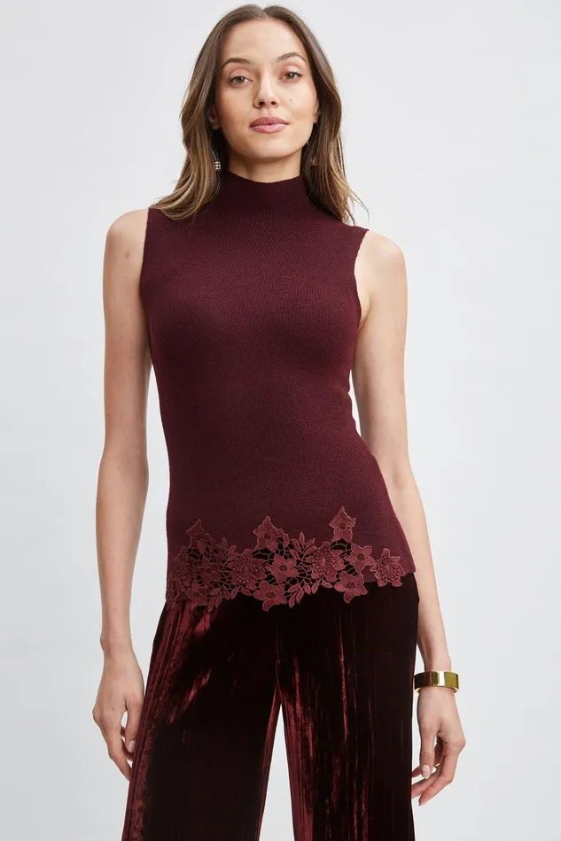 Elie Tahari Mock Neck Lace Hem Sleeveless Sweater Merlot Women Tops