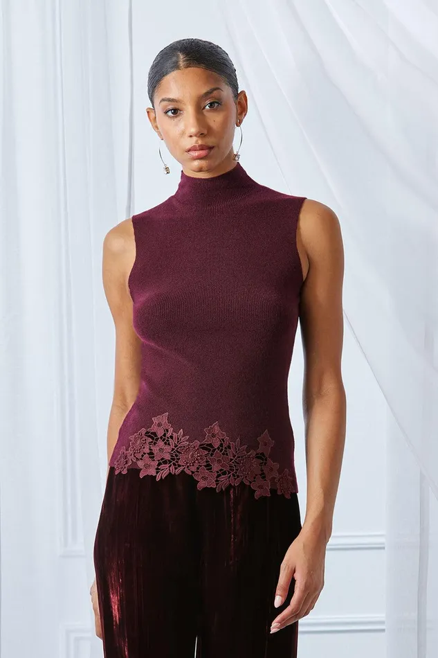 Elie Tahari Mock Neck Lace Hem Sleeveless Sweater Merlot Women Tops