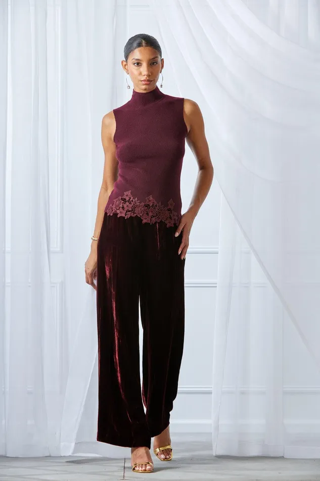 Elie Tahari Mock Neck Lace Hem Sleeveless Sweater Merlot Women Tops