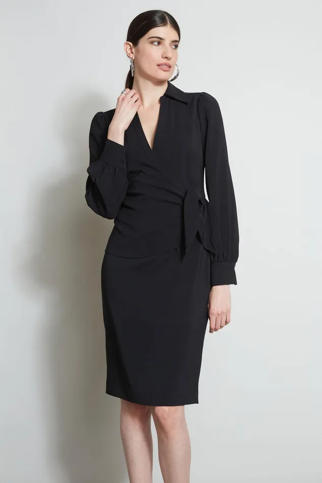 Elie Tahari Mock Wrap Tie Dress Black Women Dresses and Jumpsuits