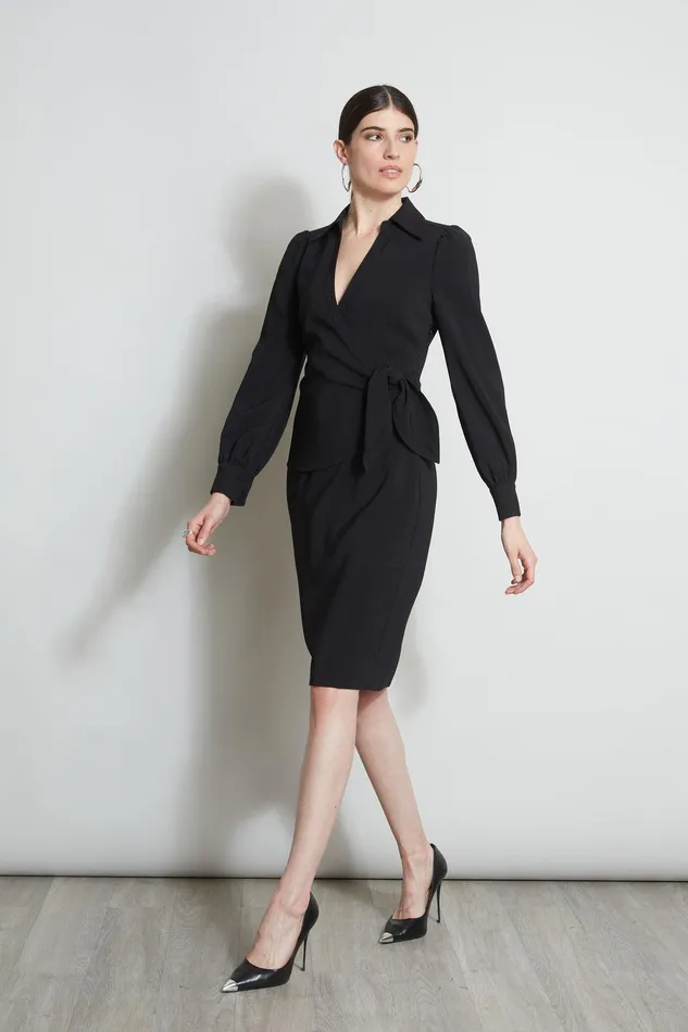 Elie Tahari Mock Wrap Tie Dress Black Women Dresses and Jumpsuits