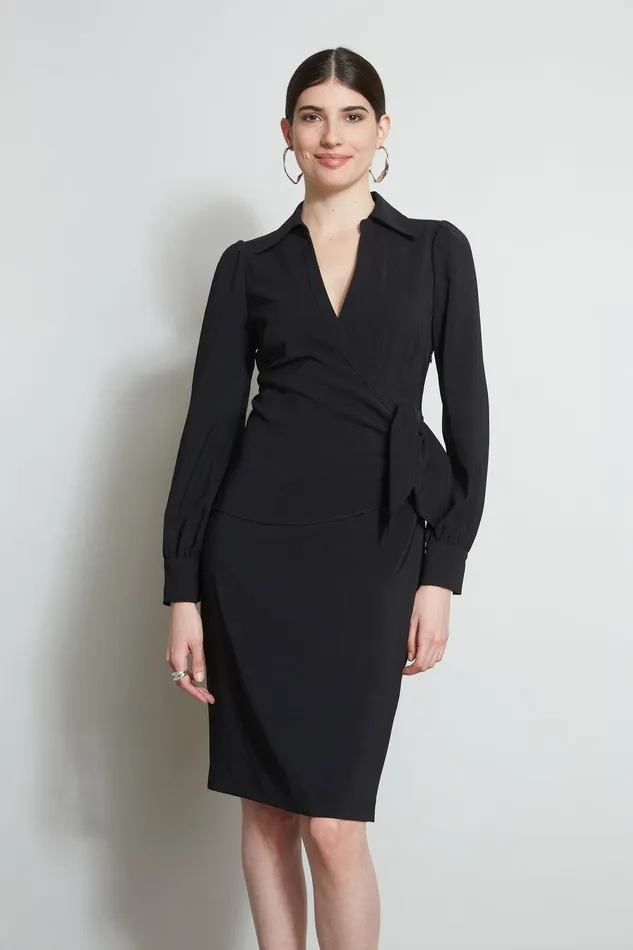 Elie Tahari Mock Wrap Tie Dress Black Women Dresses and Jumpsuits