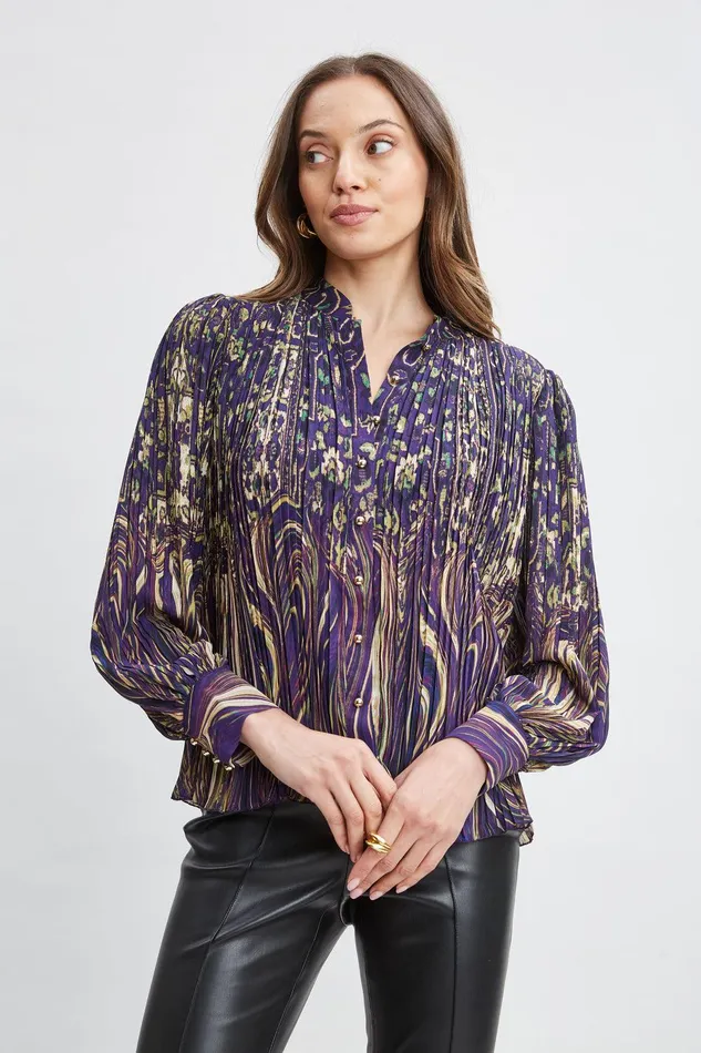 Elie Tahari Paisley Micro Pleat Shirt Sterling Palace Print Women Tops