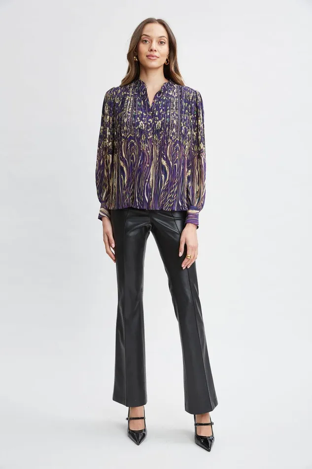 Elie Tahari Paisley Micro Pleat Shirt Sterling Palace Print Women Tops