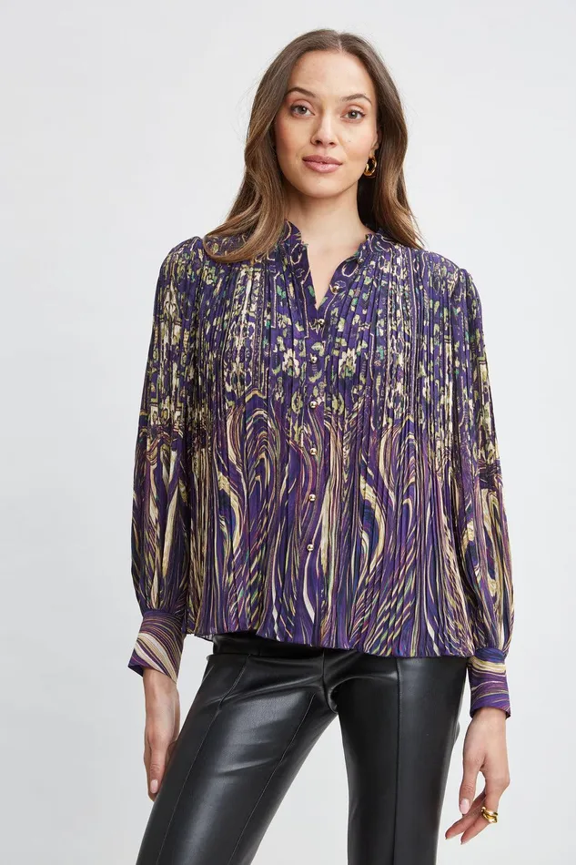 Elie Tahari Paisley Micro Pleat Shirt Sterling Palace Print Women Tops