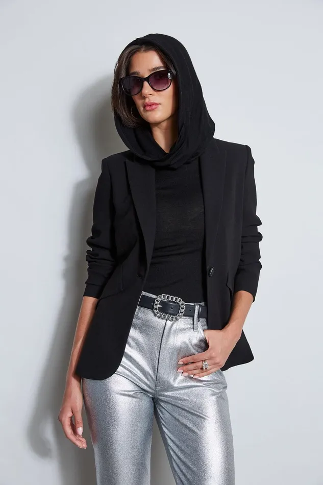 Elie Tahari Panel Single Button Blazer Black Women Jackets and Blazers