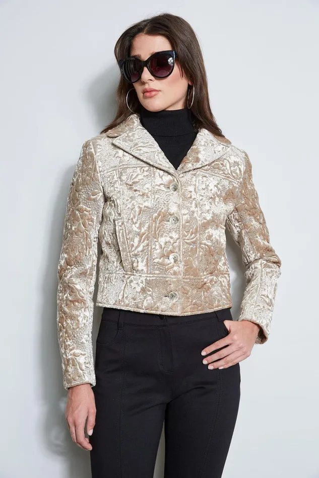 Elie Tahari Quilted Velvet Cropped Jacket Beige Women Jackets and Blazers