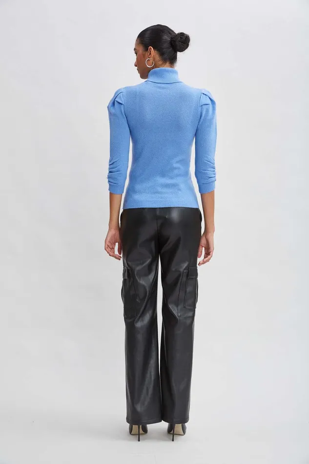Elie Tahari Ruched Sleeve Cashmere Wool Sweater Cloud Blue Women Tops