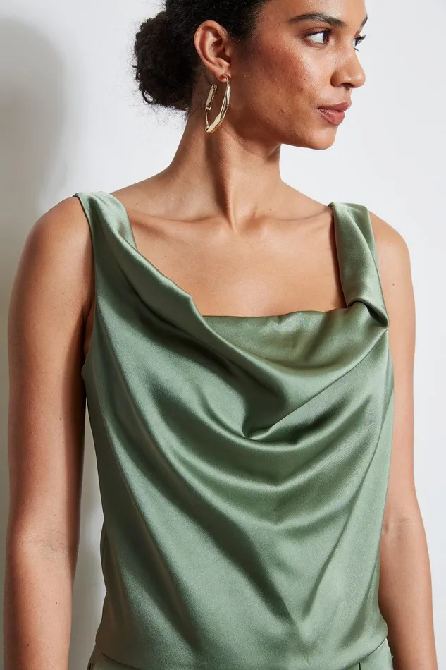 Elie Tahari Satin Cowl Cami Tuscan Olive Women Tops