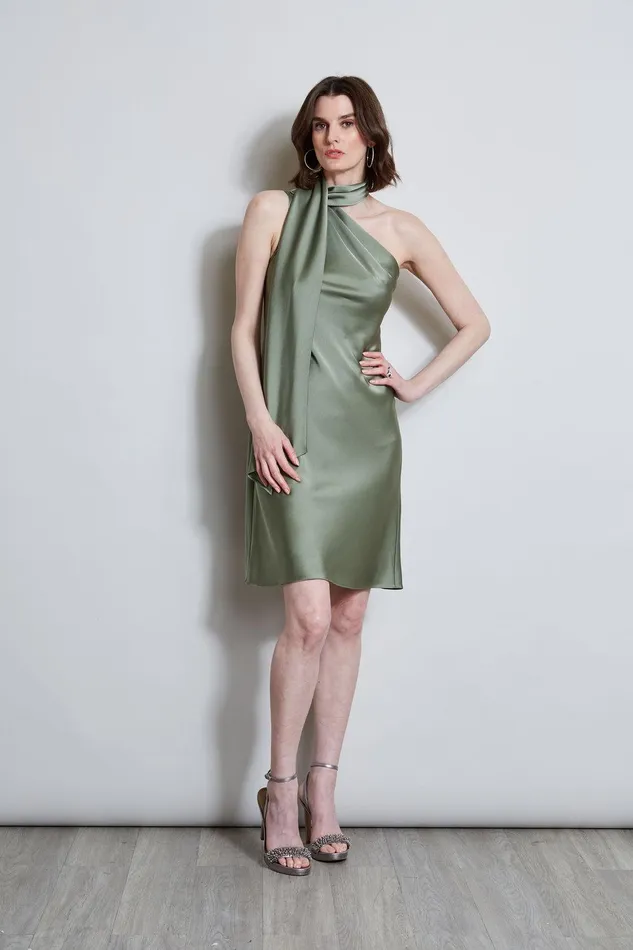 Elie Tahari Satin Scarf Dress Tuscan Olive Women Dresses and Jumpsuits
