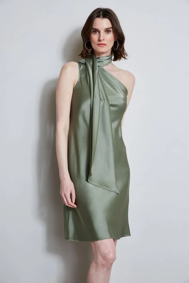 Elie Tahari Satin Scarf Dress Tuscan Olive Women Dresses and Jumpsuits
