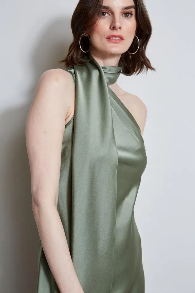 Elie Tahari Satin Scarf Dress Tuscan Olive Women Dresses and Jumpsuits