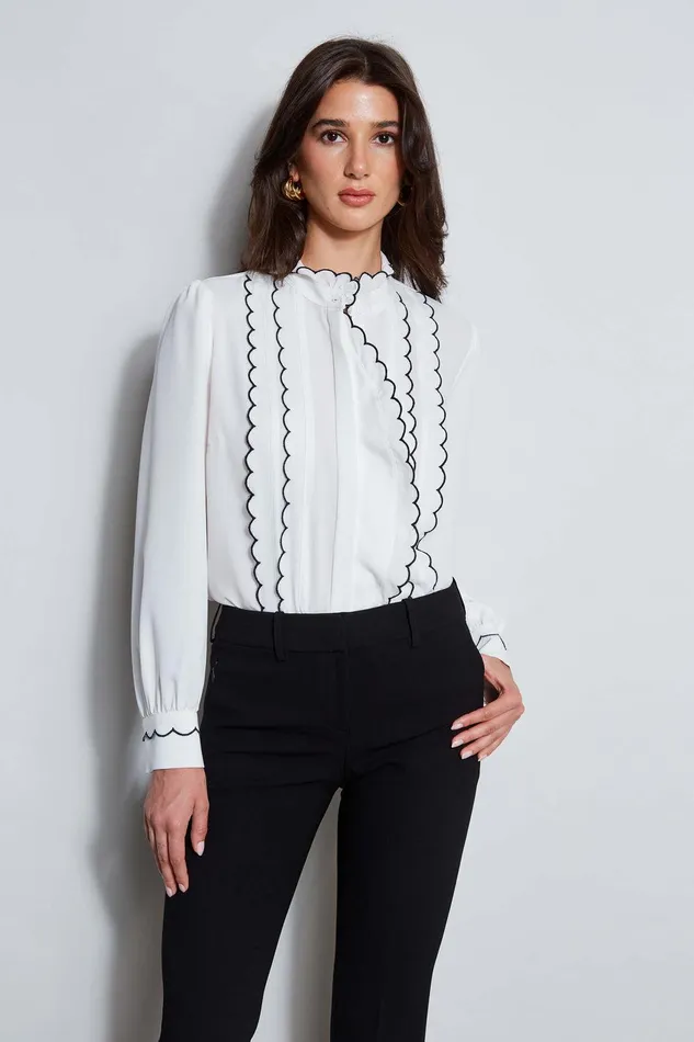 Elie Tahari Scallop Button Down Shirt Sky White Women Tops