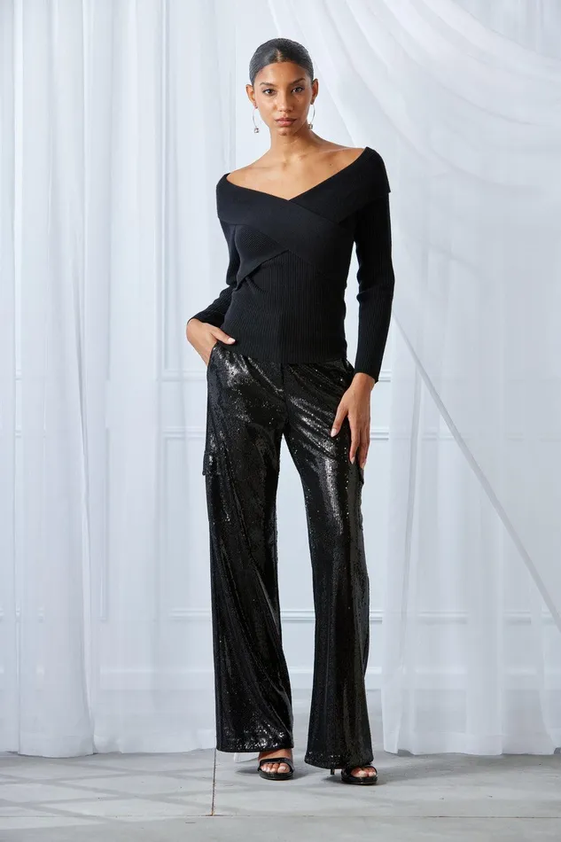 Elie Tahari Sequin Cargo Pant Black Women Bottoms