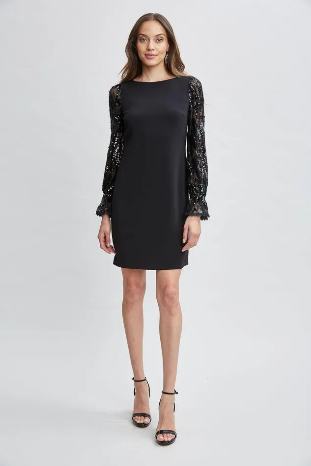 Elie Tahari Sequin Sleeve Shift Dress Black Women Dresses and Jumpsuits