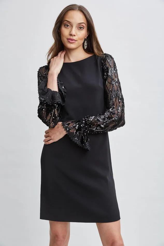 Elie Tahari Sequin Sleeve Shift Dress Black Women Dresses and Jumpsuits