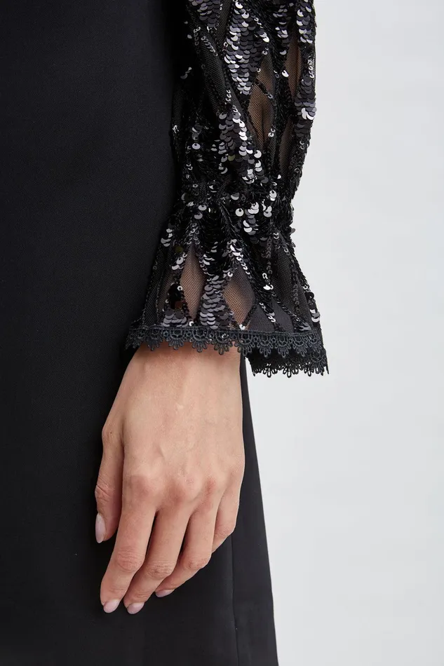 Elie Tahari Sequin Sleeve Shift Dress Black Women Dresses and Jumpsuits