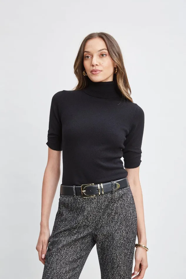Elie Tahari Short Sleeve Cashmere Wool Sweater Black Women Tops