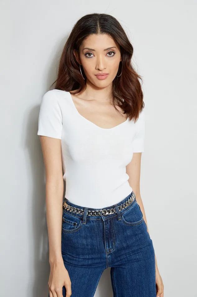 Elie Tahari Short Sleeve Contour Sweater Foam Women Tops