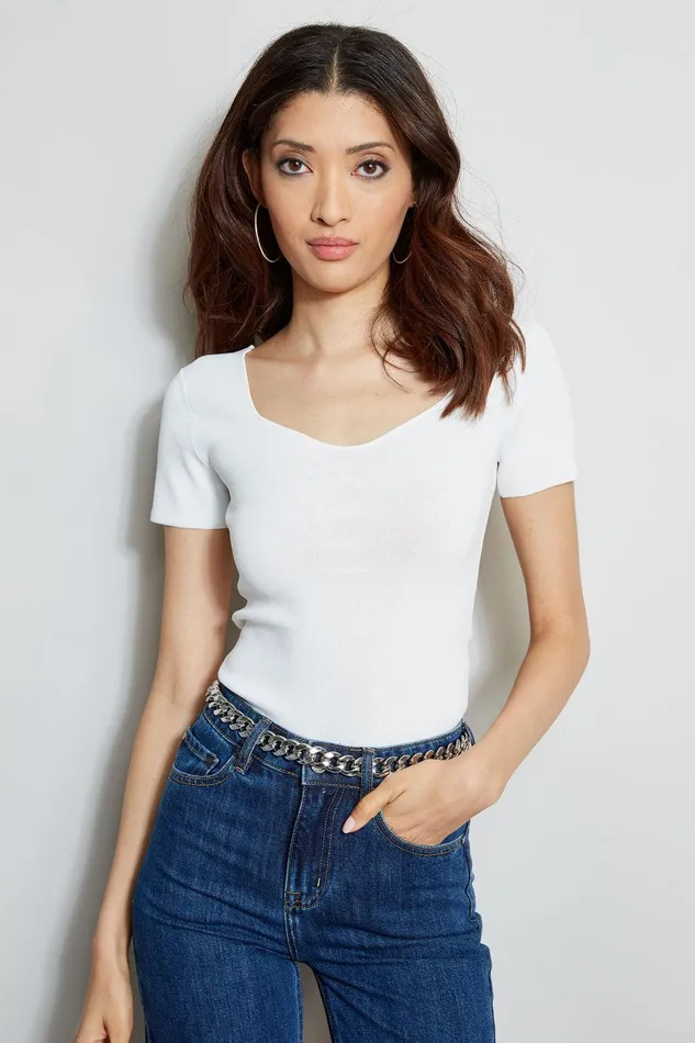 Elie Tahari Short Sleeve Contour Sweater Foam Women Tops