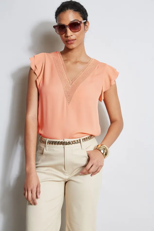 Elie Tahari Silk Flutter Sleeve Embroidered Shirt Tangerine Women Tops
