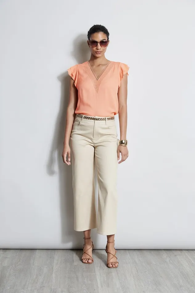 Elie Tahari Silk Flutter Sleeve Embroidered Shirt Tangerine Women Tops