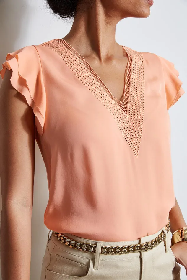 Elie Tahari Silk Flutter Sleeve Embroidered Shirt Tangerine Women Tops