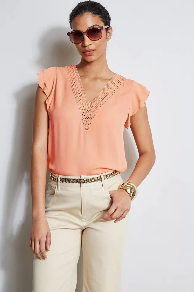 Elie Tahari Silk Flutter Sleeve Embroidered Shirt Tangerine Women Tops